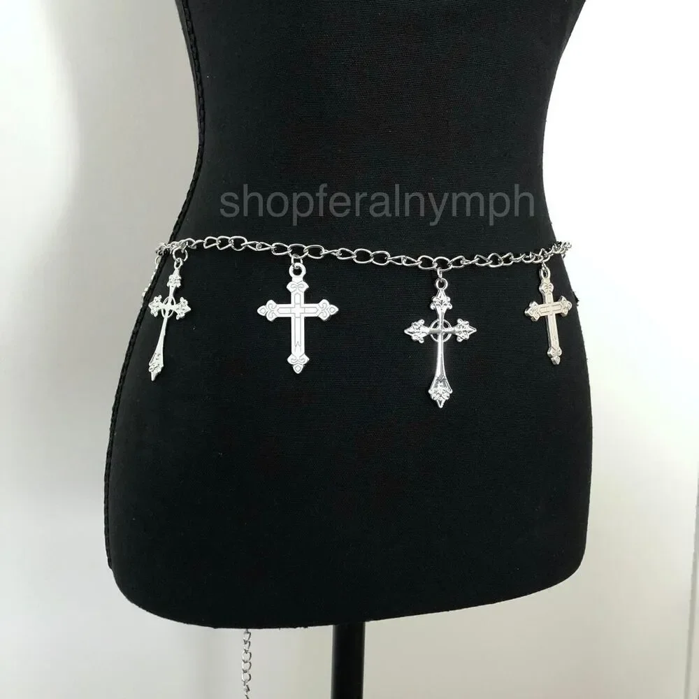 Vintage Y2K Whimsygoth Silver Cross Chain Belt, Fits 19–42 Inches, X7GA1189